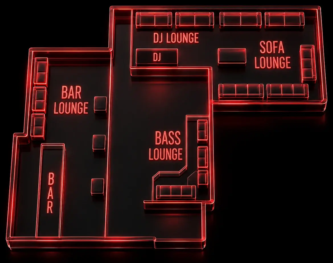 Grundriss des Clubs mit den auswählbaren Sitzgruppen.